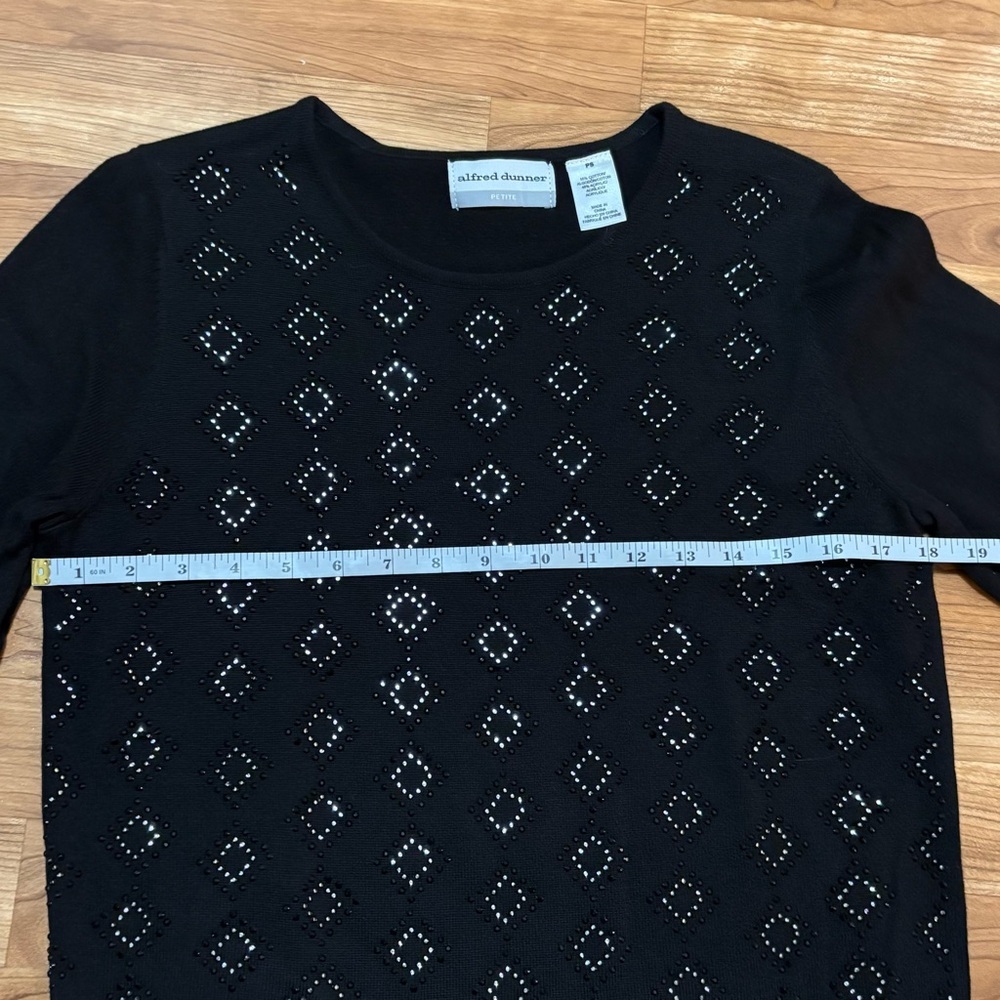 Alfred Dunner black 3/4 sleeve sweater diamond beads rhinestones PS Petite Small - Picture 7 of 8